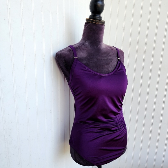 NWT $108 Calvin Klein Swimwear Starburst Shiny Purple Eggplant Swimsuit Size 12 - Picture 3 of 16